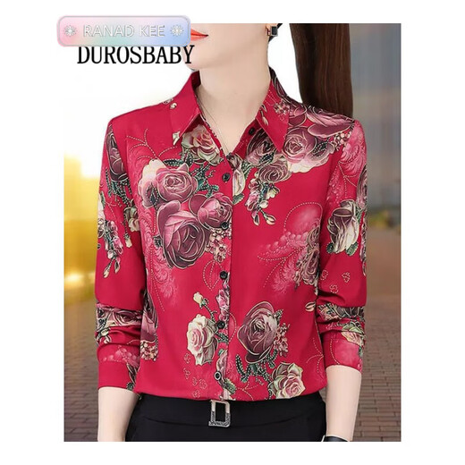 RANAD KEE Temperament Light Luxury Trendy Brand Printed Shirt Women's Long Sleeve Spring and Autumn New Style Chiffon Shirt Middle-aged Mom XM3519 Red XL [Suggested 115-125Jin [Jin equals 0.5 kg]]