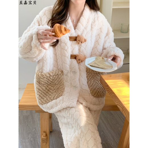 创京懿选珊瑚绒月子服秋冬季加厚甜美孕妇睡衣女产后哺乳孕期专用加肥冬款 MY-9922 杏咖色字母小熊 [ 哺乳 XL(建议130-150斤)