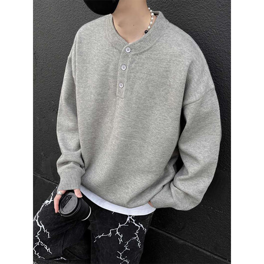 QuMile American Henry collar sweater for men in spring and autumn, loose, high-end, lazy style bottoming sweater, cleanfit inner layer, light gray XL