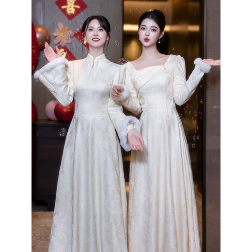 创京懿选伴娘服秋冬款中式2024新款姐妹团晚礼服裙女宴会气质平时可穿冬季 香槟色A中式两件套 襟1098 L