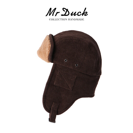 Mr DUCK Australian fur one-piece lamb hair ear protection thunder cap for men and women retro corduroy flight hat Northeast winter travel adobe brown (thickened to keep warm and cold-proof)-MW366172 M (suitable for 55-57cm head circumference)