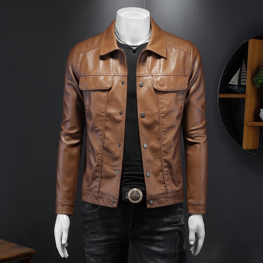 Haining Arena Men's Leather Jacket 2024 Autumn Men's Long Sleeve Lapel Motorcycle Handsome Jacket Slim Fashionable Men Dongguan Black M
