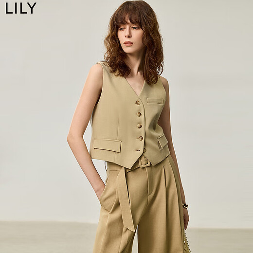LILY秋新款女装复古都市中性无领修身通勤H型松弛感百搭马甲 717卡其 M