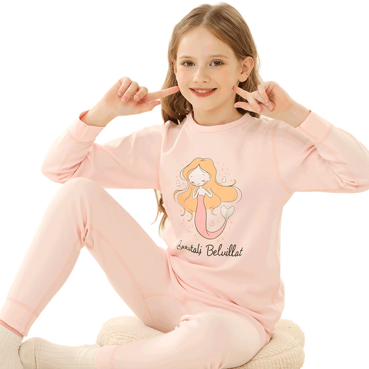 猫人儿童保暖内女童【100%棉】圆领秋衣秋裤女宝宝秋冬睡衣棉毛衫套装