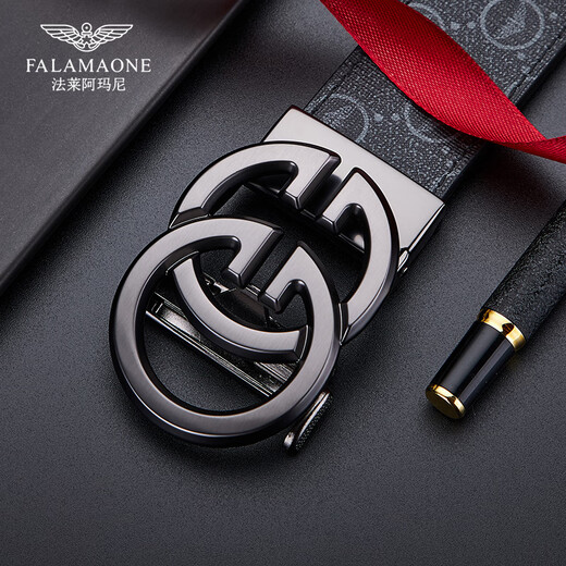法莱阿玛尼（FALAMAONE）男士皮带男真皮轻奢自动扣牛皮商务礼盒裤腰带生日礼物送男友老公 专柜礼盒/PD823Q/百搭枪色 120cm 【可裁剪】
