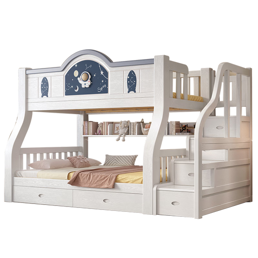 St. Burton bunk bed, solid wood children's bed, siblings do not disturb each other, bunk bed, high and low bed, double bunk bed, ladder cabinet + bookshelf + double drawers + mattress, upper 130, lower 150