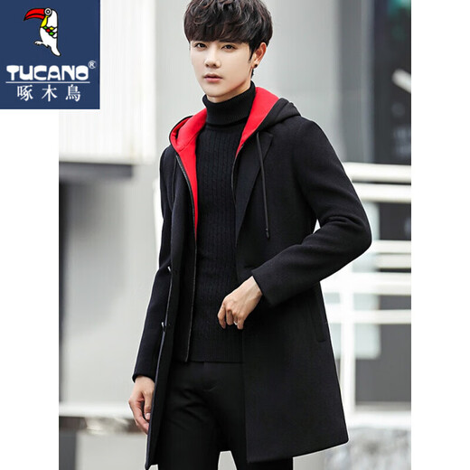 Woodpecker mid-length windbreaker men's hooded autumn and winter woolen coat coat men's Korean style trendy men's windbreaker jacket black black hat cotton style XL