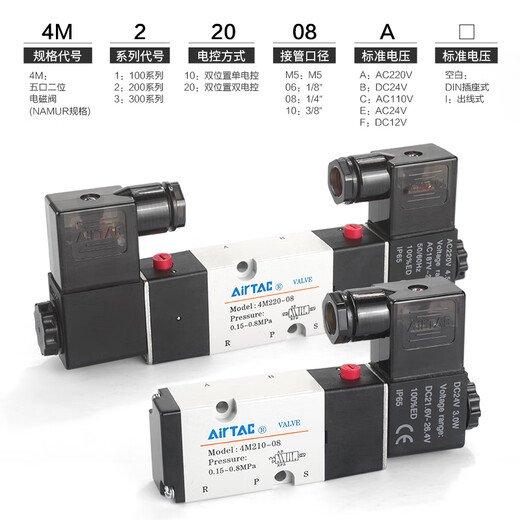 亚德客（AIRTAC）亚德客气动贴面板式电磁阀4M210-08 310-10 24V 220V换向控制气阀 4M12006B