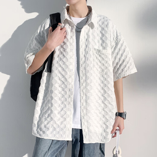 
YOOOURTHING24 summer new high-end casual waffle quarter-sleeved shirt men Hong Kong style brand large size loose shirt men C829 black 4XL recommendation (185-205Jin [Jin equals 0.5 kg])