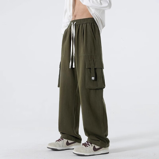 Shannu pants men's autumn and winter velvet thickened pure cotton American loose student sports workwear casual straight trousers 534 military green XL (recommended 120-140 Jin Jin equals 0.5 kg)