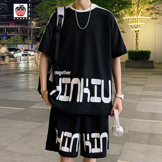 Aemape Casual Sports-Anzug Herren Sommer Neues lose Eisseide Kurzärärmelte T-Shirt-Herrenshorts gepaart mit gutaussehendem Set FKS653 Weißer Anzug M ca.