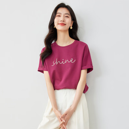 Vanciman Simple Commouting Round Cou T-shirt à manches courtes pour les femmes 2025 Nouvelle lettre lâche décontractée imprimé Top M7031 Rose profonde Red S