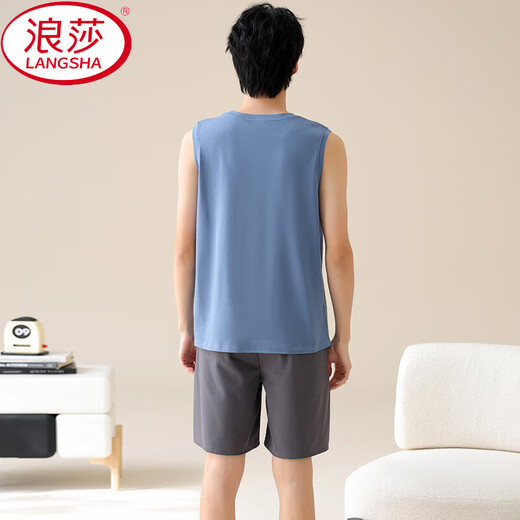 浪莎（LangSha）春夏季纯棉睡衣男士无袖背心短裤春秋天薄款宽松透气休闲家居服套 YDY-13652 XL 建议体重120-140斤