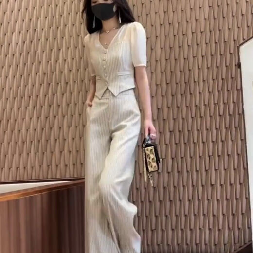良蜓职业女装高端套装高级感夏季款休闲条纹时尚单女v领拼接上衣洋气 条纹装 2XL 建议130-145斤