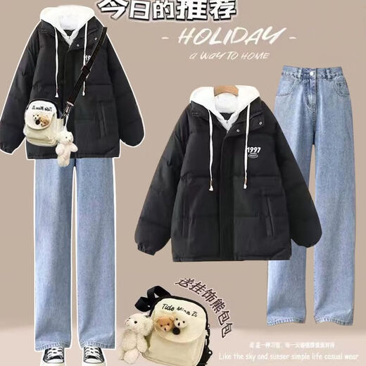 FHHUABD冬季女装全套小个子可爱加绒加厚包包套装女学生韩版宽松面包 牛仔裤 1396# S  建议80-95斤