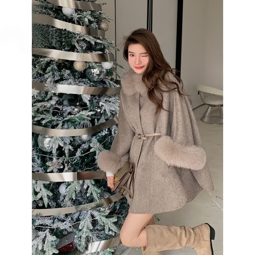 Golden Fox Brand Autumn and Winter New Double-Sided Wool Coat Women's Fox Fur Collar Cloak Shawl Korean Wool Fur Jacket Mixed Cute S (85~115)
