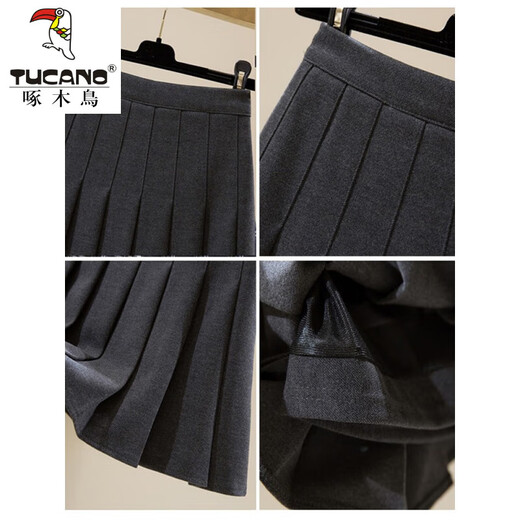 Woodpecker 2025 Autumn and Winter New Woolen Skirt Women's High Waist Slim College Style Pleated Skirt Thickened A-Line Short Dark Gray (Woolee Material) L