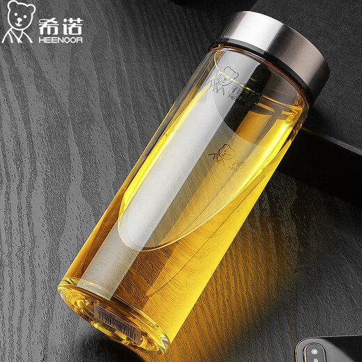 希诺玻璃杯单层加厚便携大容量泡茶杯男士车载滤网商务透明水杯子 [大容量]提环杯盖695ml-明星款