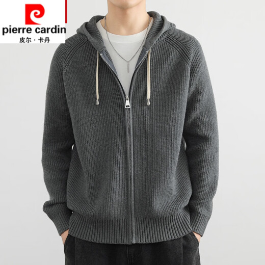 皮尔卡丹（pierre cardin）秋冬开衫毛衣男休闲连帽羊毛衫外套加厚保暖宽松拉链针织衫针织 深灰色 XL 130-150斤