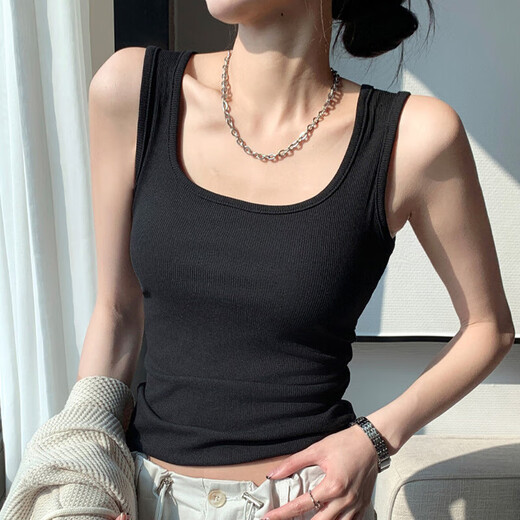 妙奕嘉棉质吊带背心女士可外穿美背黑白色打底背心无袖吊带内搭打底衫 棉质U领螺纹背心【黑】100-140斤