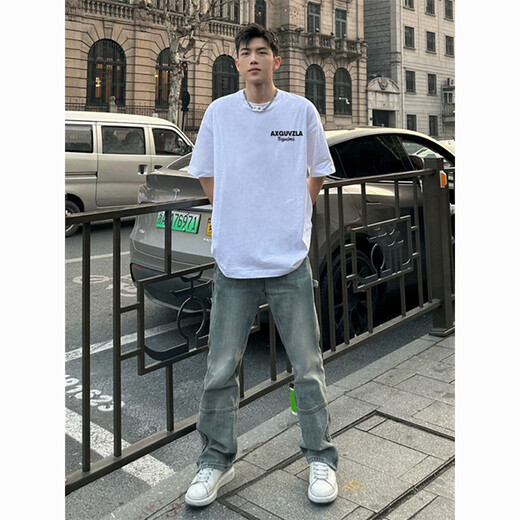 Qumile American street fashion brand letter printing heavy short-sleeved T-shirt men's summer casual loose white cotton base shirt white L [recommended 100-120 Jin [Jin equals 0.5 kg]]