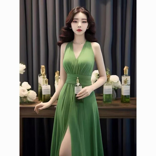 忆静萱（YIJINGXUAN）遮肚性感漂亮修身显瘦长裙感绝美气质绿色无袖连衣裙子女夏季夜店 主图款 L 105-115斤