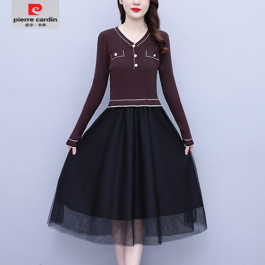 皮尔卡丹（pierre cardin）2025春秋连衣裙女新款毛衣裙假两件黑色蕾丝打底中长款针织连衣裙 黑色6172 L 【尺码建议95-110斤】
