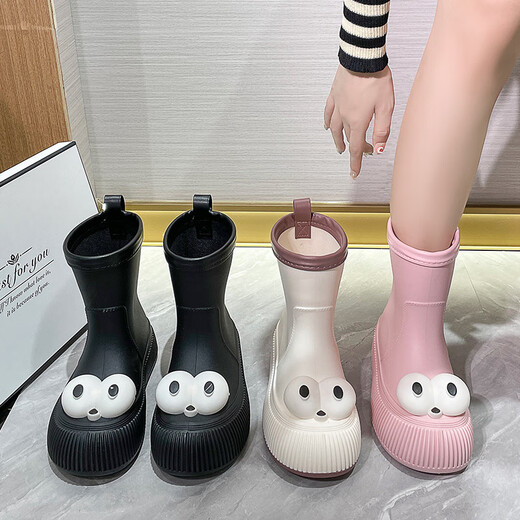 Zhenxiu girls' rain boots fashionable outside wear women's water shoes non-slip waterproof rain boots mid-tube water boots children's rain boots soft rubber shoe cover rain boots [white big eyes edge-removable insole] 40-41