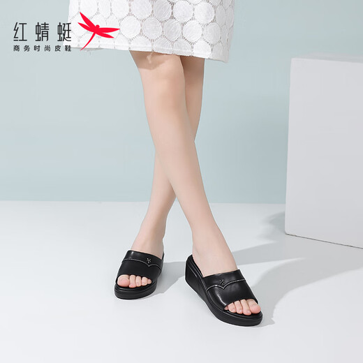 红蜻蜓拖鞋女厚底夏季真皮一字拖家居厚底增高水钻外穿皮拖鞋妈妈凉拖鞋 黑色（跟高6cm） 35