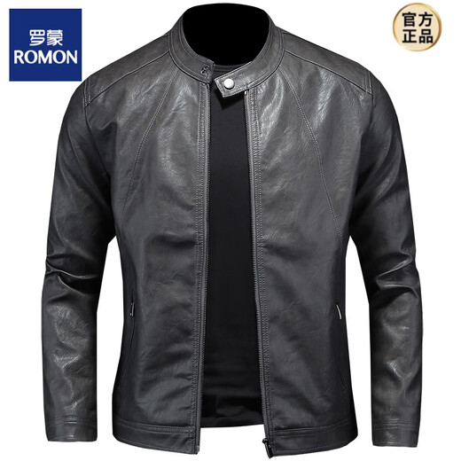 ROMON Venom European and American simple stand-up collar simulated leather jacket men's motorcycle handsome spring and autumn style overcome youth slim leather jacket gray XL one size larger