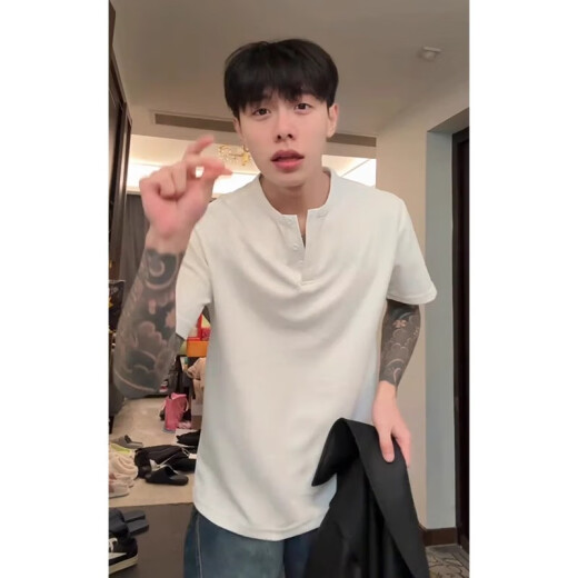 Katuchi American Waffle Henry Neck Schwergewicht Kurzarm T-Shirt Herren Sommer Lose trendy Fünf-Punkte-Halbarm-High Street T-Shirt Grau XL