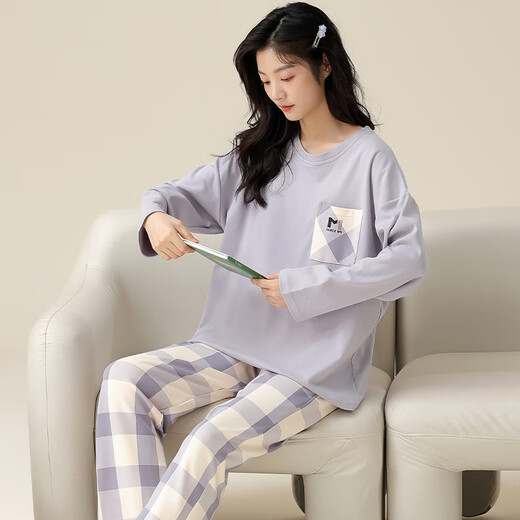 Langsha pajamas women's pure cotton 7A antibacterial and mite removal spring and autumn with chest pad long-sleeved trousers suit ladies home clothes new autumn