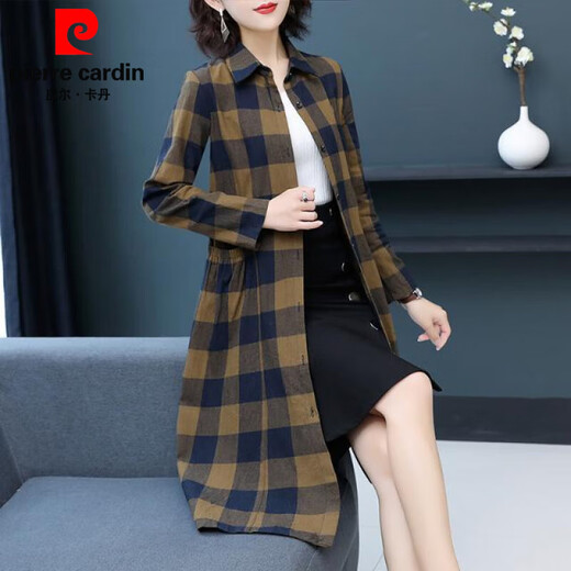 Pierre Cardin pure cotton plaid mid-length shirt for women spring and autumn new style large d size over-the-knee windbreaker loose long-sleeved shirt jacket plaid XL recommended 120-136 Jin Jin equals 0.5 kg