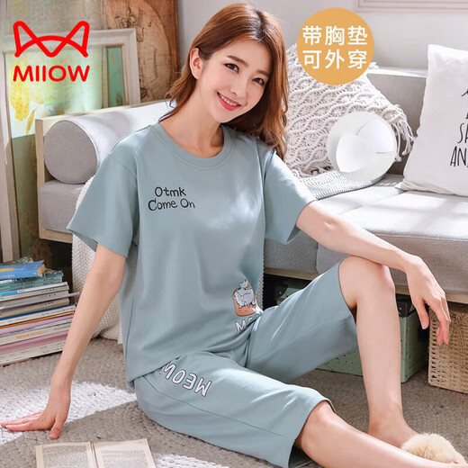 猫人（MiiOW）纯棉睡衣女士夏季带胸垫薄款短袖七分裤外穿休闲夏天家居服套装 带胸垫七分：Y-2601 女XL码