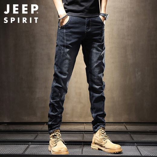 JEEP SPIRIT Jeep jeans men's autumn and winter elastic slim casual pants new retro resurgence pants black 33