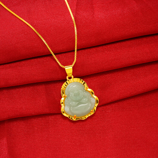 Jianyingsi 9999 gold color jade Buddha necklace gold plated clavicle chain for female couple gold inlaid jade Maitreya Buddha jade pendant simulation 18K plated Maitreya Jade Buddha light green + necklace