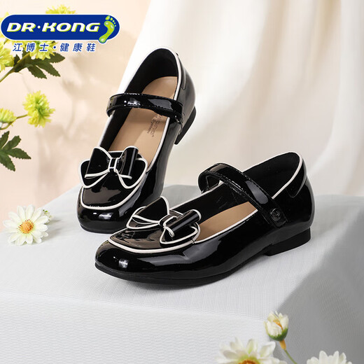 Dr. Kong (DR KONG) Spring and Autumn Soft Soled Ceremony Shoes with Velcro British Style Princess Shoes for Performance Girls Black Leather Shoes Black 25 Suitable for Feet Length Approximately 15.5-16.0cm