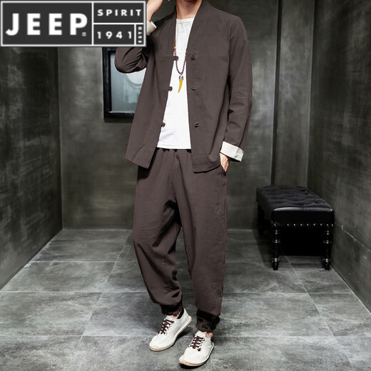 Jeep Spirit Herren Frühling und Herbst neuer chinesischer Stilanzug neuer chinesischer Tang Anzug Casual Button Hanfu Lose Hemd Zwei-teilige Set hellgrau 4xl