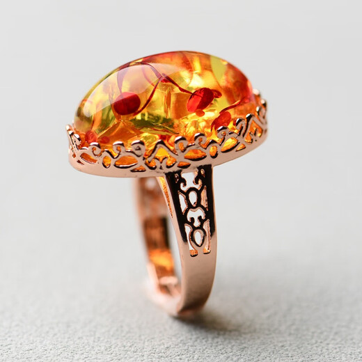 Chengyuanxiang CREORISETIN natural flower amber ring, raw stone, beeswax amber two-color ring, sterling silver inlay, live female best friend's birth year gift, flower amber ring