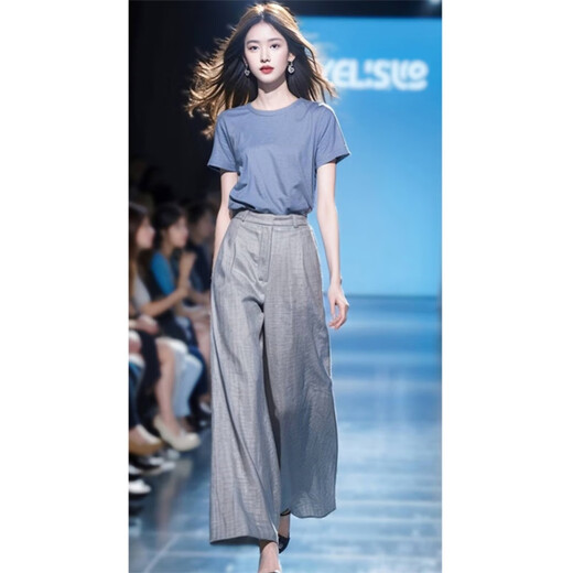 Oudihui (Oudihui) 2025 this year's popular casual pants women's summer match with a whole set of clothes, light-maturity wide-leg pants two-piece suit, blue suit, L
