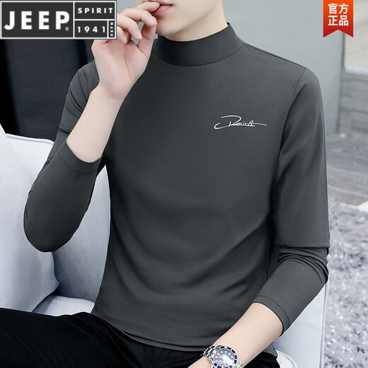 JEEP SPIRIT男士长袖T恤印花半高领男装打底衫弹力修身休闲男式T恤上衣内搭 C6187碳灰 M