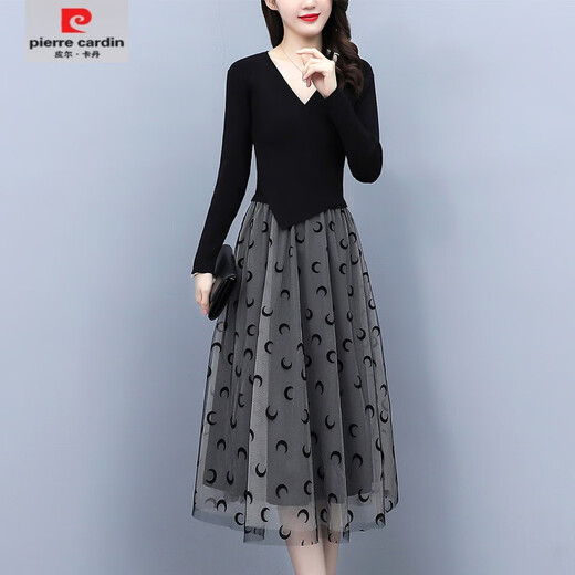 皮尔卡丹（pierre cardin）2025春秋连衣裙女新款毛衣裙假两件黑色蕾丝打底中长款针织连衣裙 黑色6172 L 【尺码建议95-110斤】