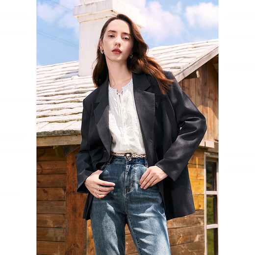 Betu women's autumn new suit lapel fashionable versatile silhouette suit jacket 2408T59 charcoal gray S