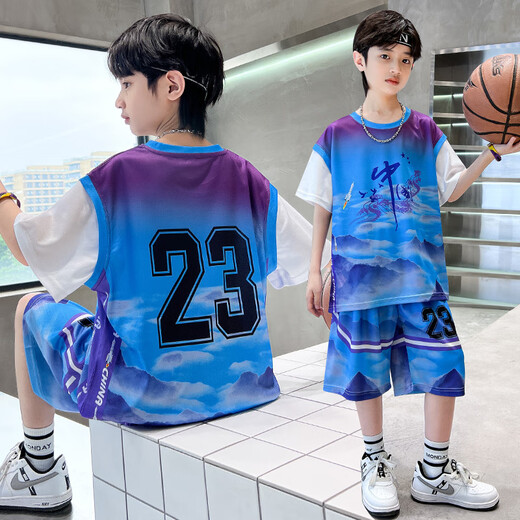 男童夏装球服套装洋气儿童夏季篮球服中大童运动短袖速干衣中国风 DMG-9905-地球球服-蓝色 120 建议身高110cm