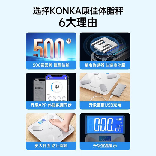 康佳体重秤电子秤人体家用精准体重秤蓝牙体脂秤USB充电手机APP数据显示 【黑色】USB充电+APP测体脂+可测室温