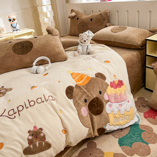 Thickened warm milk velvet four-piece children's cartoon bed sheet quilt cover coral velvet quilt cover Kapibara winter Kapibara Class A anti-static non-shedding 1.8m bed sheet four-piece set quilt cover 200x230