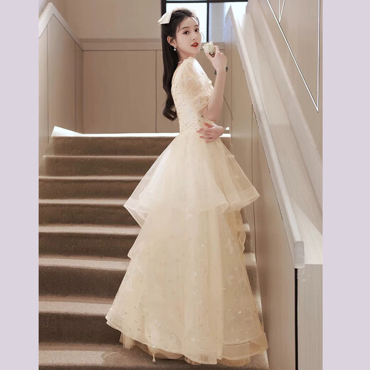 Libaixin champagne color evening dress for women 2025 new light luxury niche high-end high-end vocal music art exam host performance Champagne color M Recommended 90-100 Jin [Jin equals 0.5 kg]
