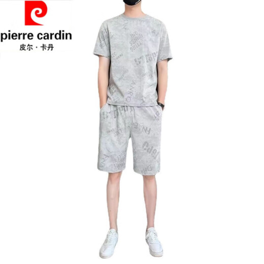 皮尔卡丹（pierre cardin）纯棉2023新款冰丝短袖T恤套装男士休闲运动两件套男装宽松夏季潮 671浅灰色套装 L 110斤-130斤