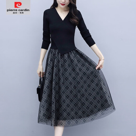 皮尔卡丹（pierre cardin）2025春秋连衣裙女新款毛衣裙假两件黑色蕾丝打底中长款针织连衣裙 黑色6172 L 【尺码建议95-110斤】