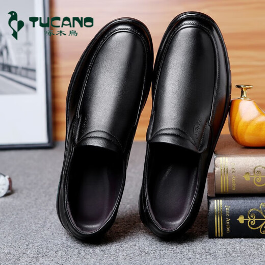 Pájaro carpintero [Top Capeta Cow Whide] Capases de cuero casual para hombres Negocios de cuero genuino de mediana edad y ancianos zapatos de papá para zapatos de trabajo SOLO SOLO LIP L6628 NEGRO 42